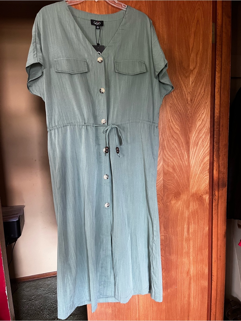 New GiGiO Sage Faux Button-Front Drawstring Midi Dress